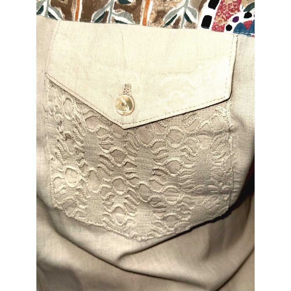 Tapestry Medium Ivory Tan Satin Look Mosaic Yoke Lace Pocket Button Front Blouse - Picture 8 of 10